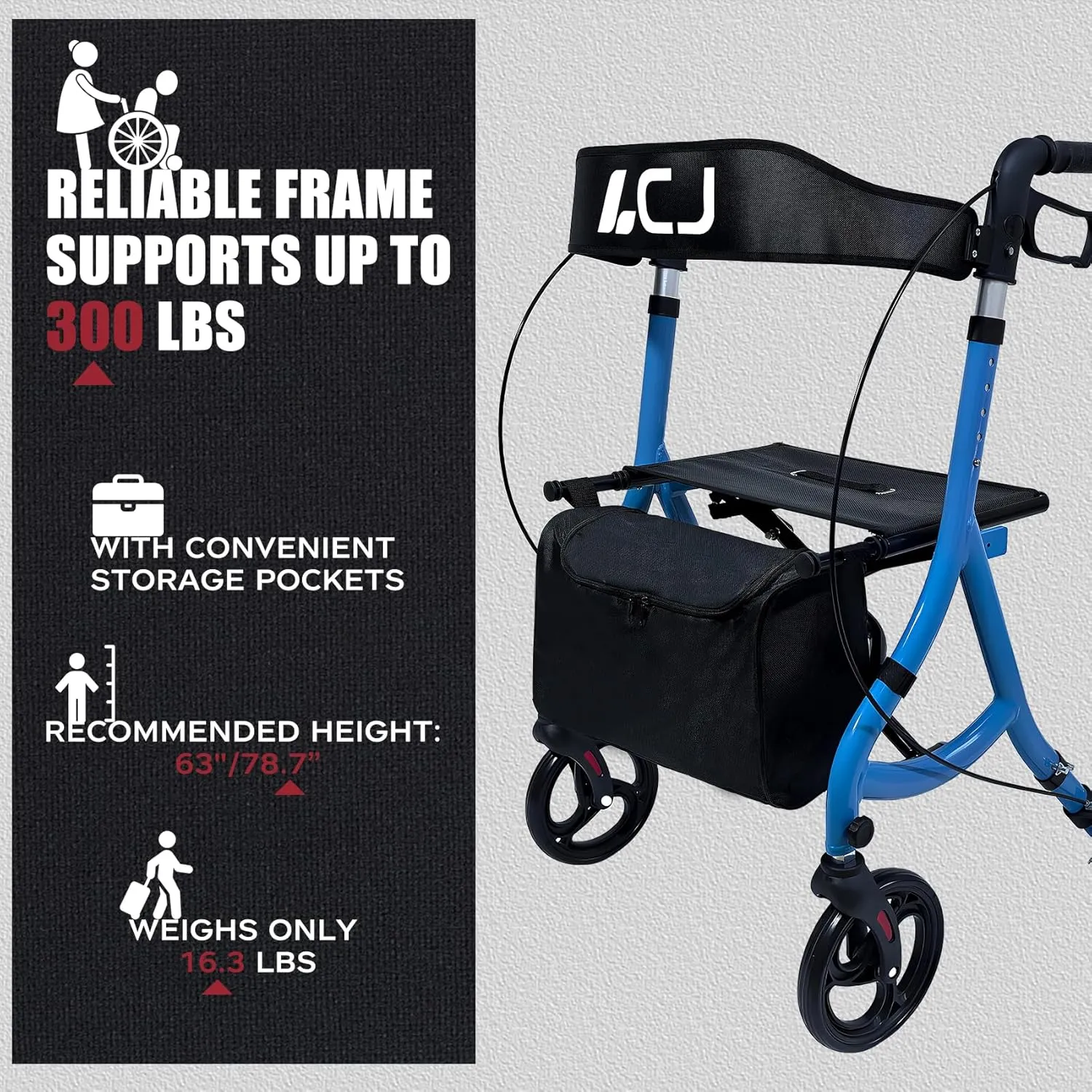 Walker for Seniors,Foldable Walker with Seat,8-inch Front Wheel,6-inch Rear Wheel,Height-Adjustable Seat,Equipped with Shopping Bag,for Elderly,Supports up to 300 lbs (Blue-Shock-Absorbing Design)