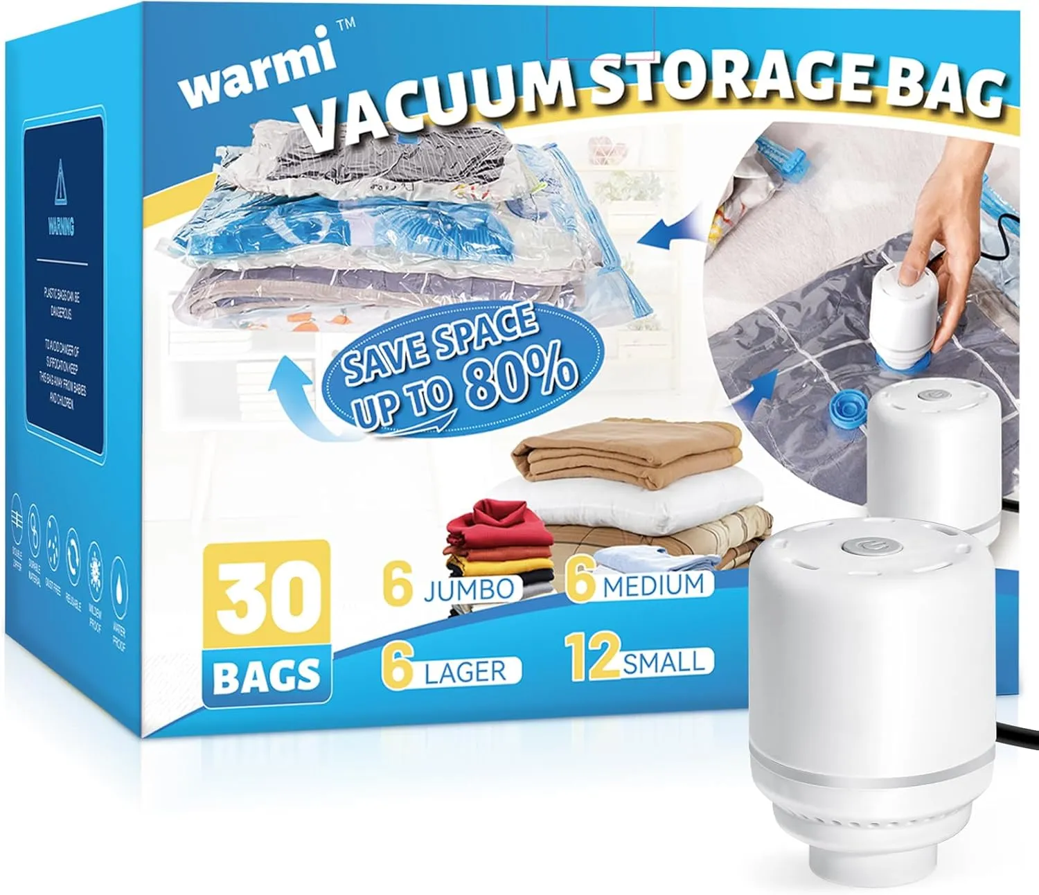 Warmi 30 Pack Vacuum Storage Bags with Electric Air Pump - Vacuum Seal Bags for Clothing Travel - Space Saver Bags for Blanket, Duvets, Pillows, Comforters, Luggage