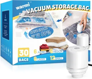 Warmi 30 Pack Vacuum Storage Bags with Electric Air Pump - Vacuum Seal Bags for Clothing Travel - Space Saver Bags for Blanket, Duvets, Pillows, Comforters, Luggage