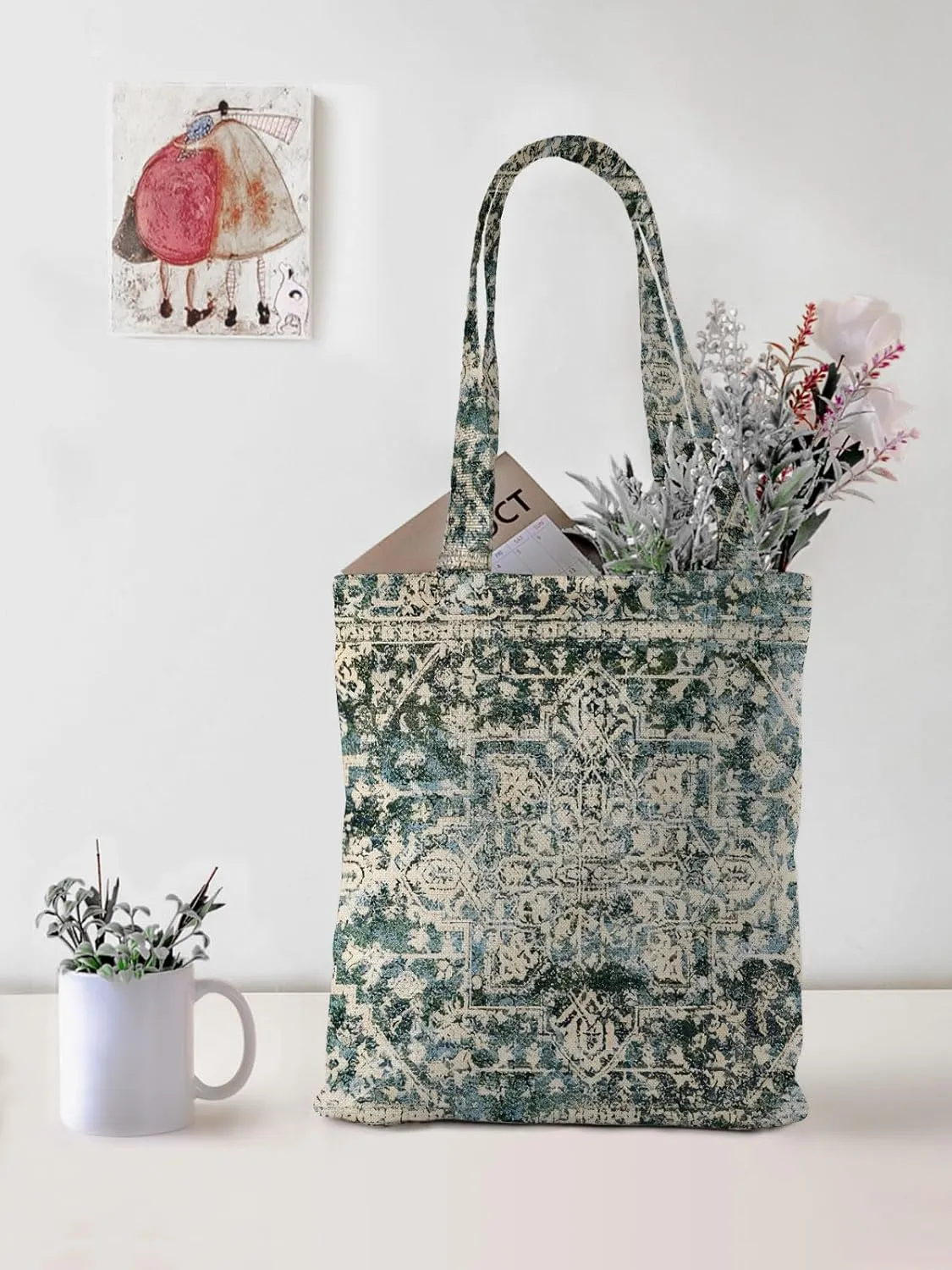 Watbro 2Pcs Antique Ethnic Canvas Tote Bag & Make Up Bag Aesthetic for Women,Boho Vintage Reusable Cloth Cotton Bags