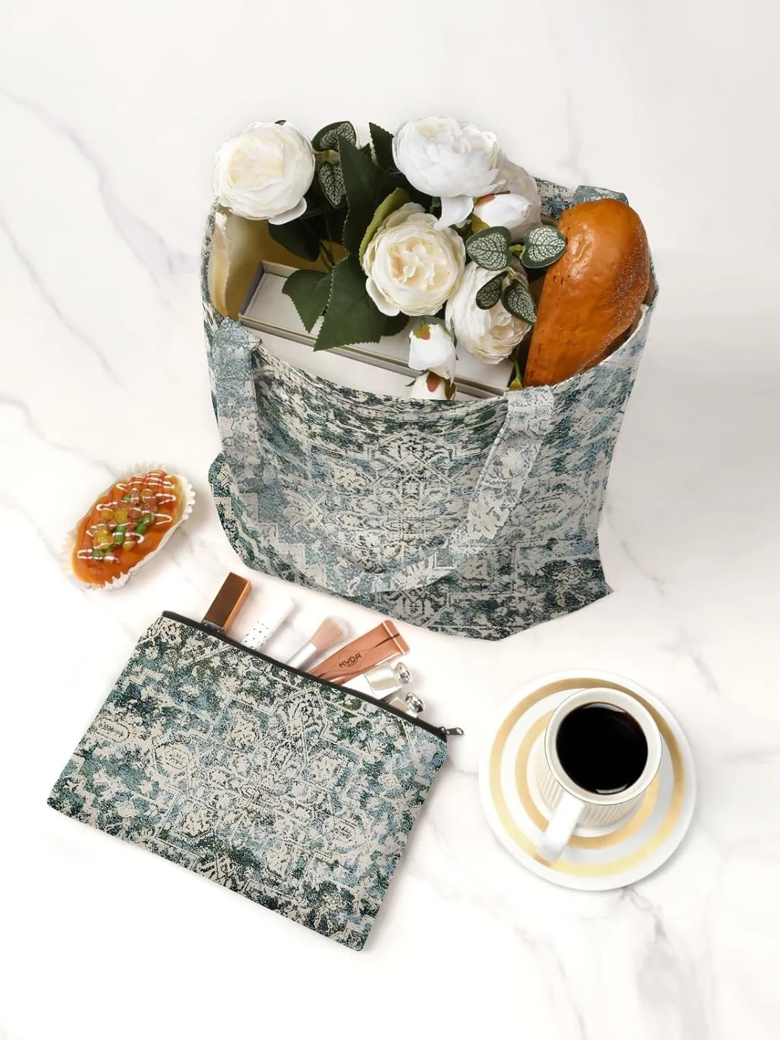 Watbro 2Pcs Antique Ethnic Canvas Tote Bag & Make Up Bag Aesthetic for Women,Boho Vintage Reusable Cloth Cotton Bags