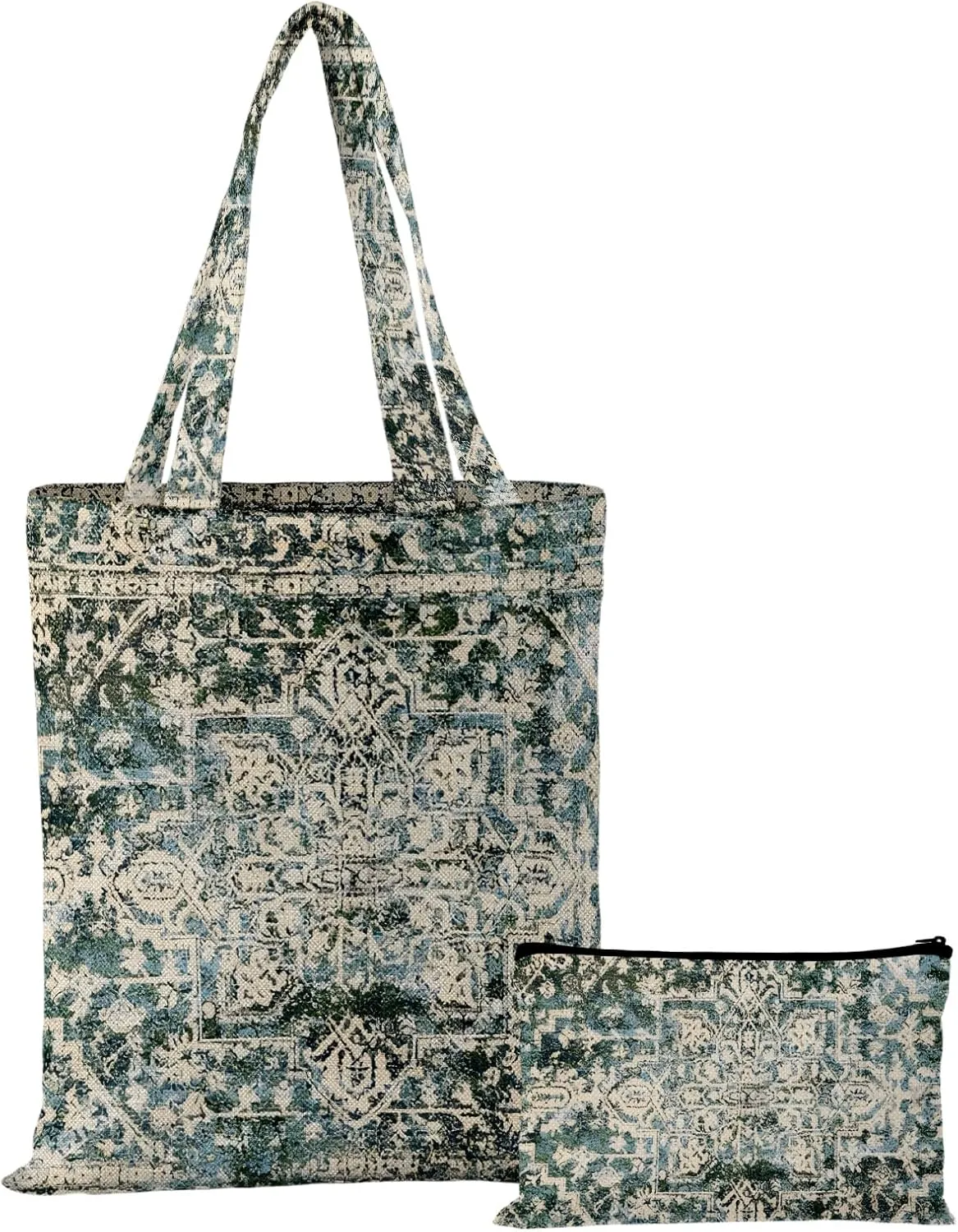 Watbro 2Pcs Antique Ethnic Canvas Tote Bag & Make Up Bag Aesthetic for Women,Boho Vintage Reusable Cloth Cotton Bags
