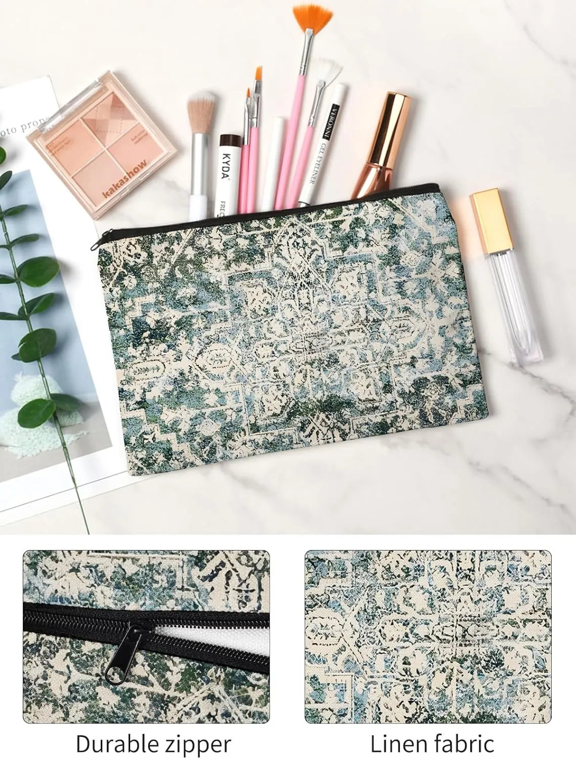 Watbro 2Pcs Antique Ethnic Canvas Tote Bag & Make Up Bag Aesthetic for Women,Boho Vintage Reusable Cloth Cotton Bags