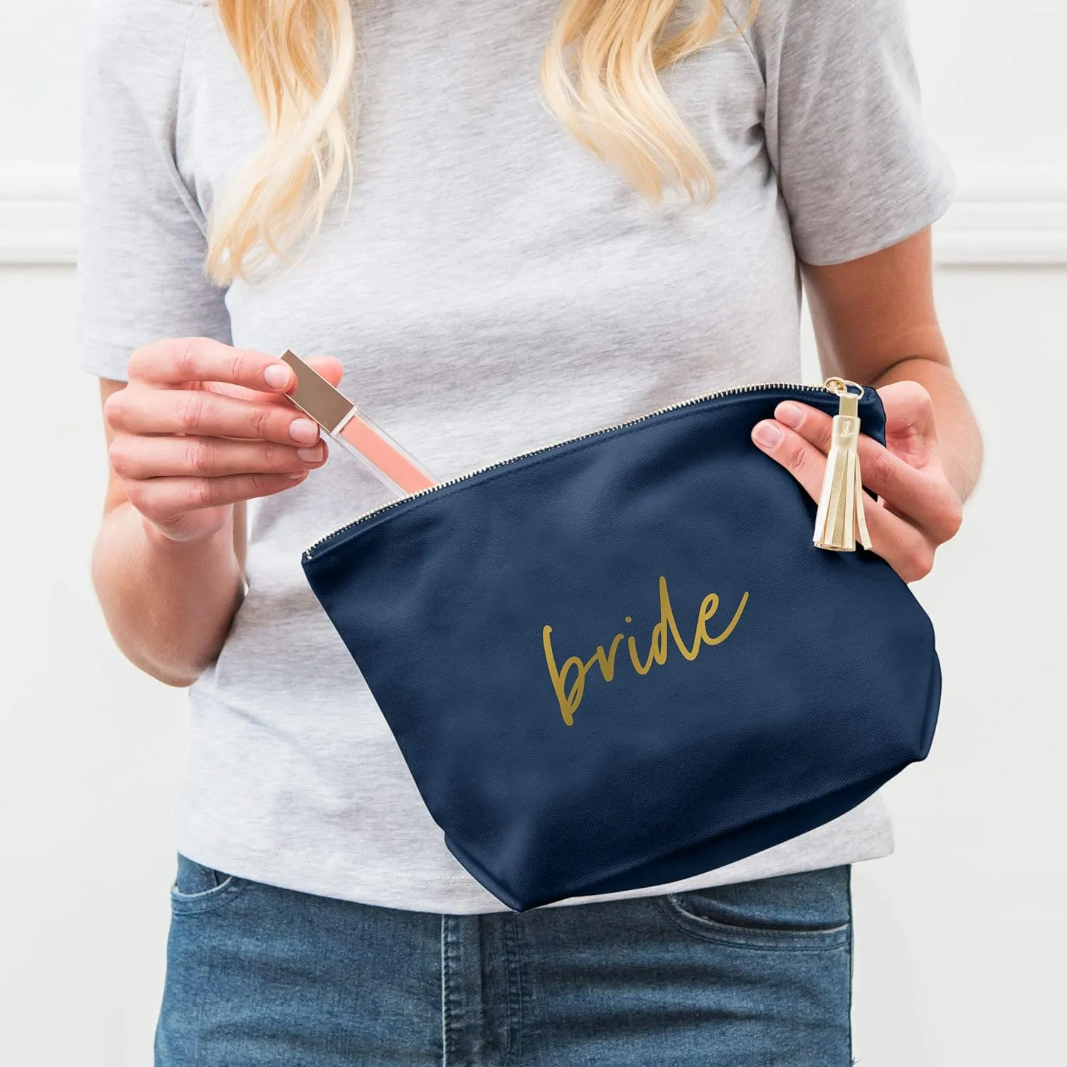 WEDDINGSTAR Large Personalized Canvas Makeup Bag - Bride Script Navy Blue