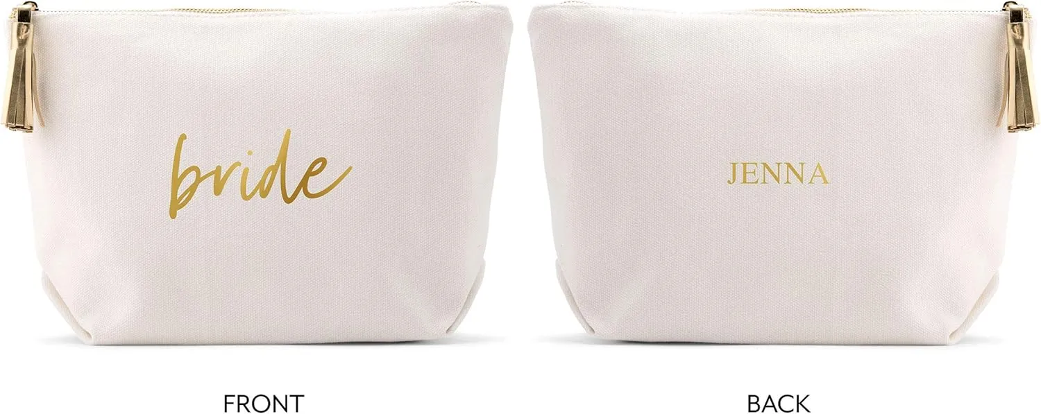 WEDDINGSTAR Large Personalized Canvas Makeup Bag - Bride Script Navy Blue