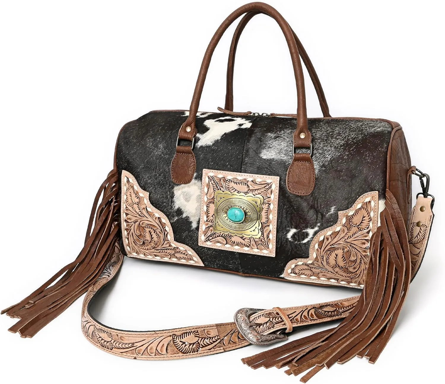 Weekender Duffle Bag For Women Large Travel Tote Bag Overnight, Cowhide Tooled Harness with Tassel Duffle Bag
