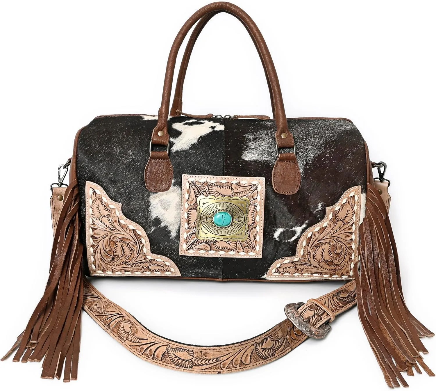 Weekender Duffle Bag For Women Large Travel Tote Bag Overnight, Cowhide Tooled Harness with Tassel Duffle Bag