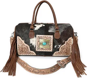 Weekender Duffle Bag For Women Large Travel Tote Bag Overnight, Cowhide Tooled Harness with Tassel Duffle Bag