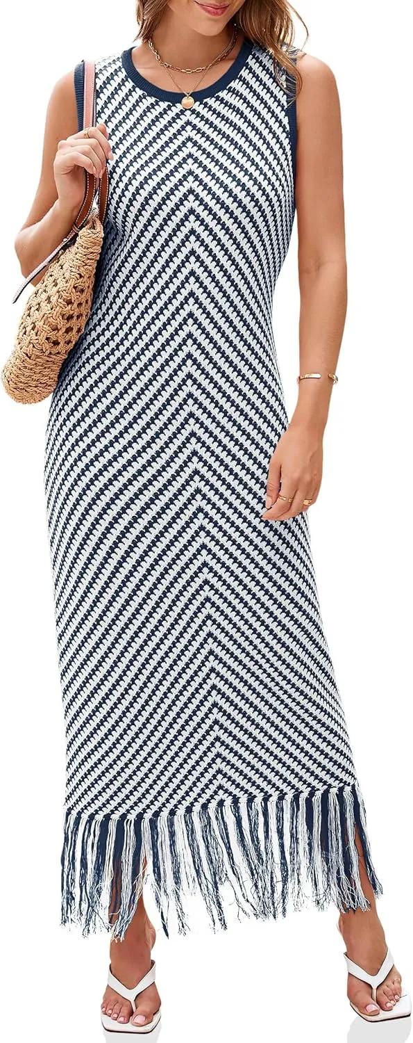 Wenrine Womens Summer Crochet Knit Dress Casual Striped Tassel Sleeveless Boho Maxi Dresses