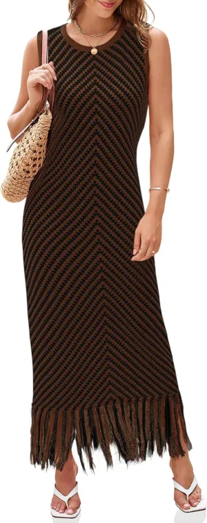Wenrine Womens Summer Crochet Knit Dress Casual Striped Tassel Sleeveless Boho Maxi Dresses