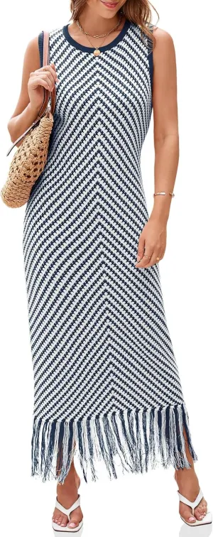 Wenrine Womens Summer Crochet Knit Dress Casual Striped Tassel Sleeveless Boho Maxi Dresses