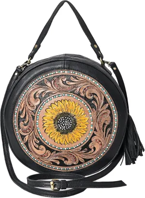 western Handtooled Cowhide Hairon Canteen Crossbody bag with Adjustable Detachable Leather Strap,Antique dye finish