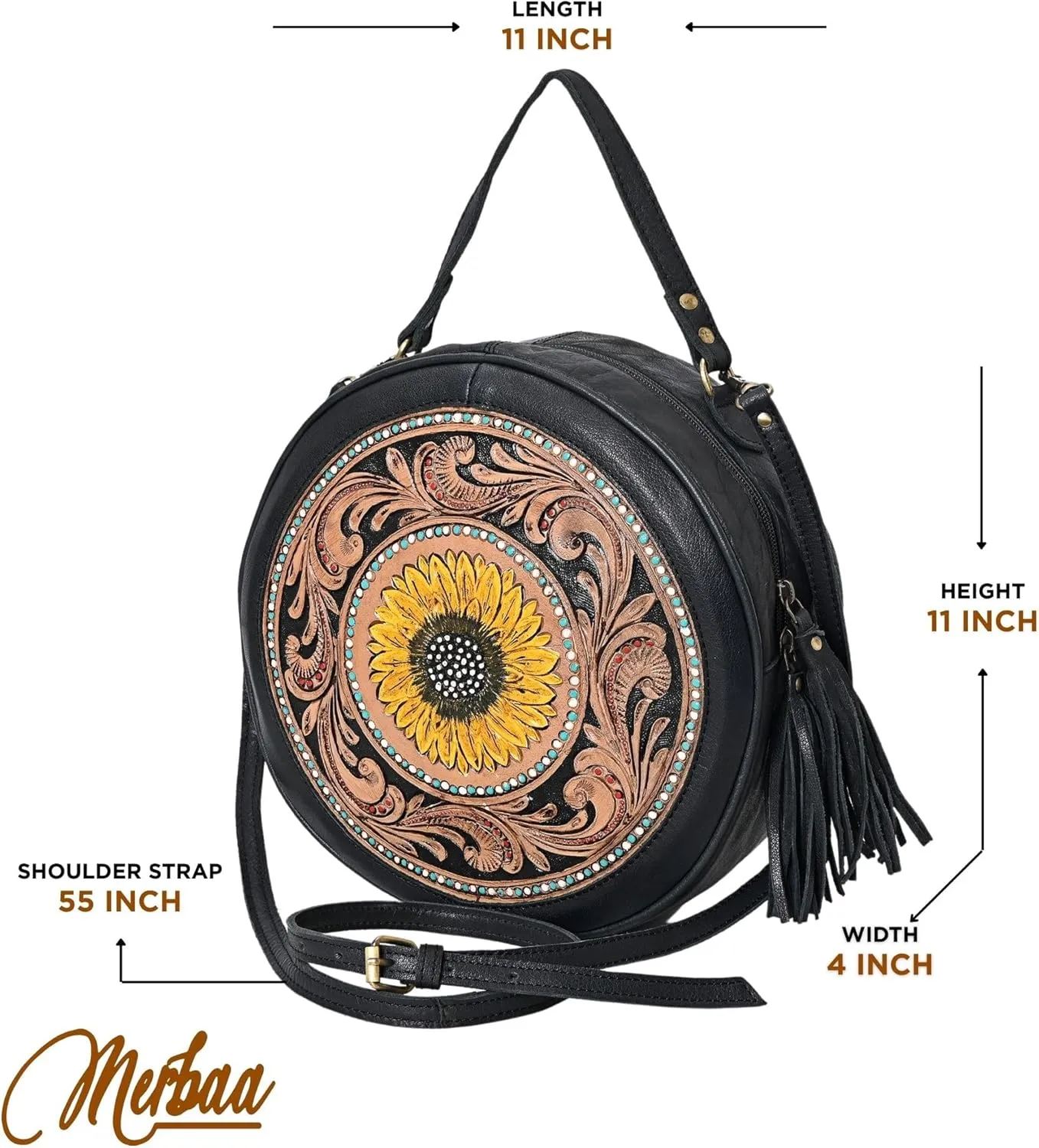 western Handtooled Cowhide Hairon Canteen Crossbody bag with Adjustable Detachable Leather Strap,Antique dye finish