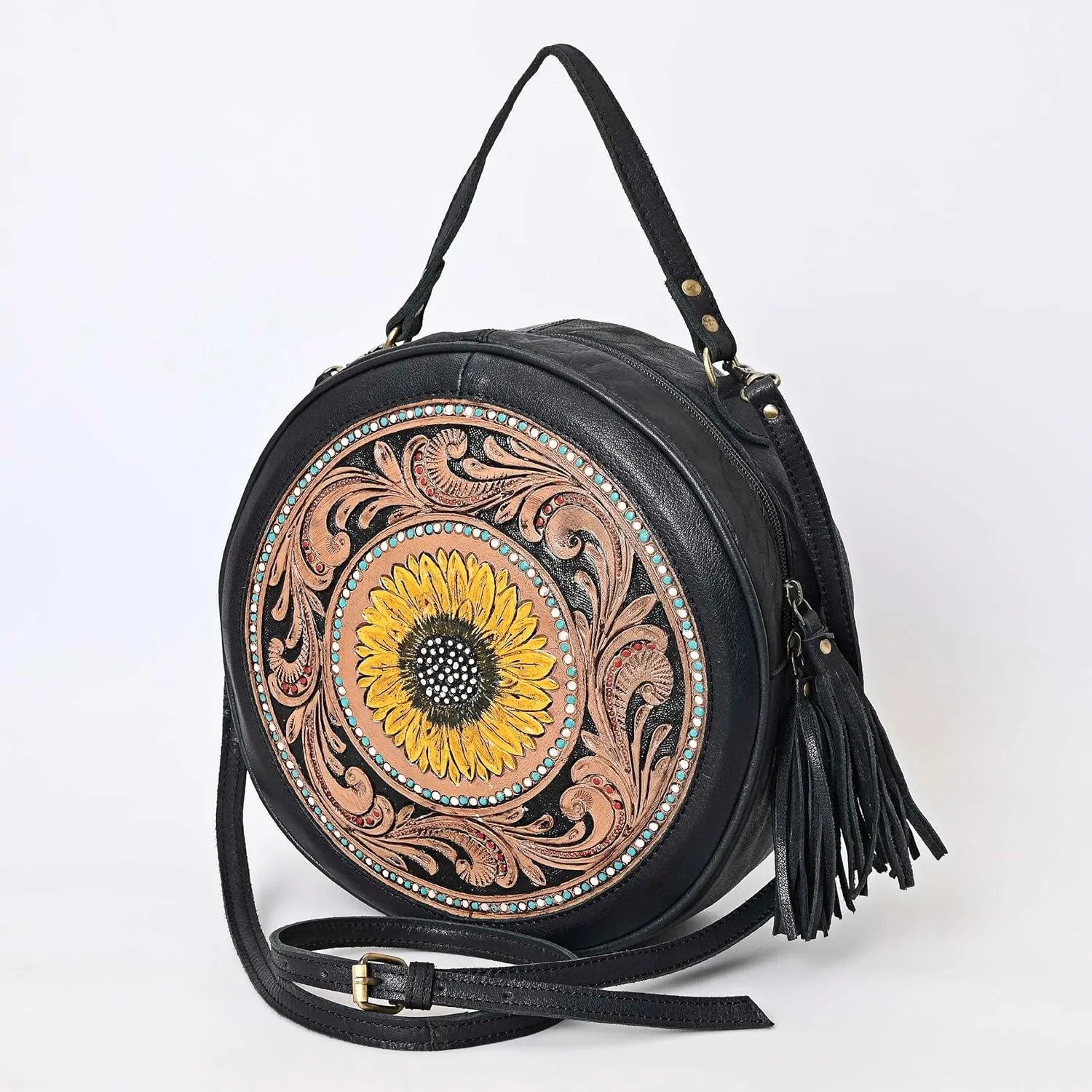 western Handtooled Cowhide Hairon Canteen Crossbody bag with Adjustable Detachable Leather Strap,Antique dye finish