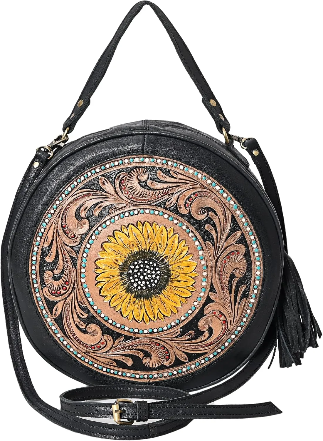 western Handtooled Cowhide Hairon Canteen Crossbody bag with Adjustable Detachable Leather Strap,Antique dye finish