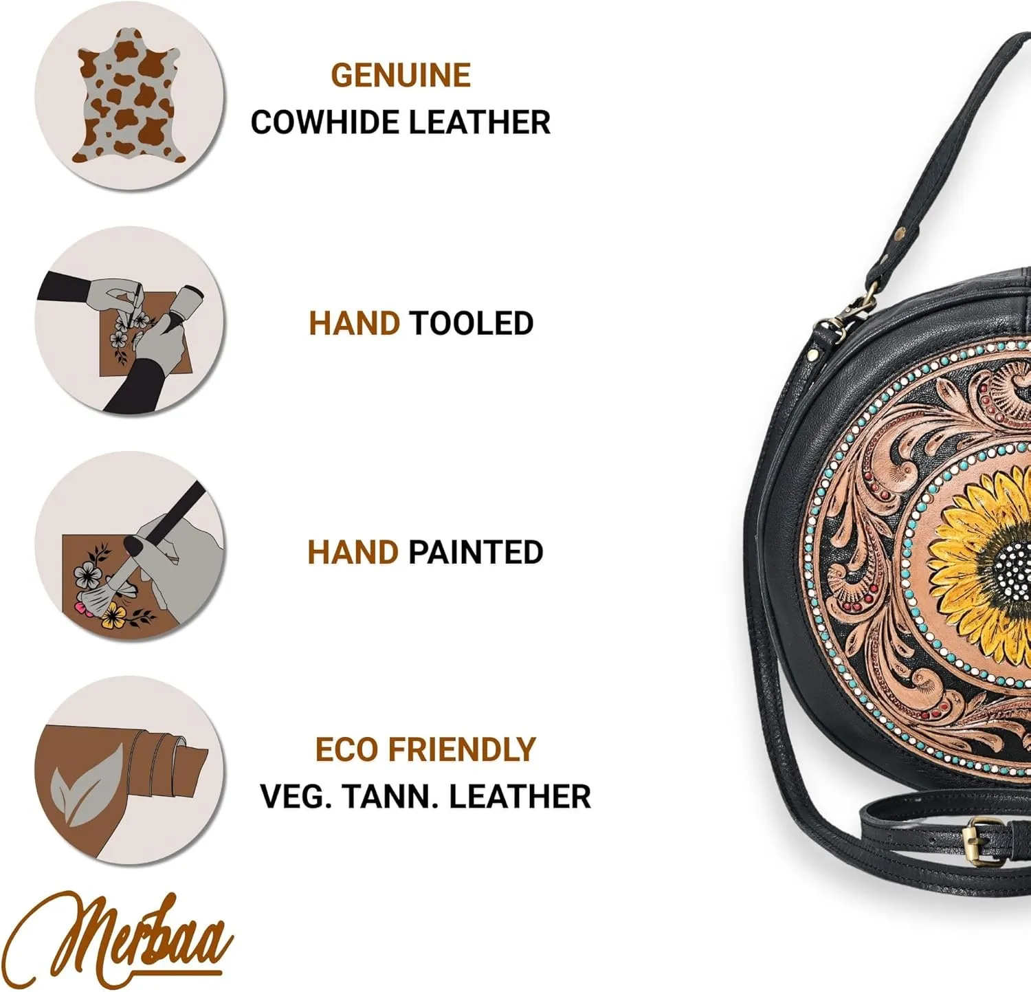 western Handtooled Cowhide Hairon Canteen Crossbody bag with Adjustable Detachable Leather Strap,Antique dye finish