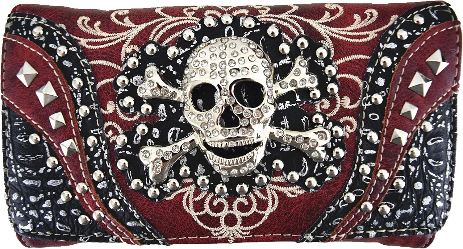 WESTERN ORIGIN Sugar Skull Day of the Dead Cross Bone Studs Punk Gothic Art Rivet Studded Women Wristlet Trifold Wallet (#2 Red)