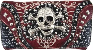 WESTERN ORIGIN Sugar Skull Day of the Dead Cross Bone Studs Punk Gothic Art Rivet Studded Women Wristlet Trifold Wallet (#2 Red)
