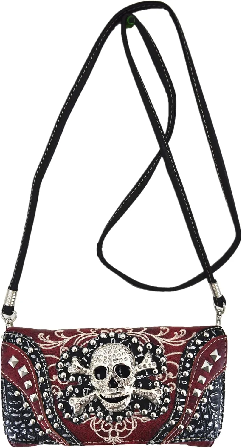 WESTERN ORIGIN Sugar Skull Day of the Dead Cross Bone Studs Punk Gothic Art Rivet Studded Women Wristlet Trifold Wallet (#2 Red)