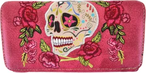 WESTERN ORIGIN Sugar Skull Day of the Dead Cross Bone Studs Punk Gothic Art Rivet Studded Women Wristlet Trifold Wallet (#6 Fuchsia)