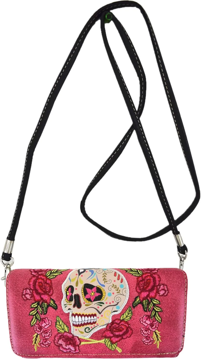 WESTERN ORIGIN Sugar Skull Day of the Dead Cross Bone Studs Punk Gothic Art Rivet Studded Women Wristlet Trifold Wallet (#6 Fuchsia)