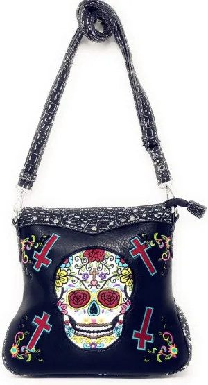 Western Sugar Skull Embroidered Rhinestone Cross Concealed Carry Crossbody Bag