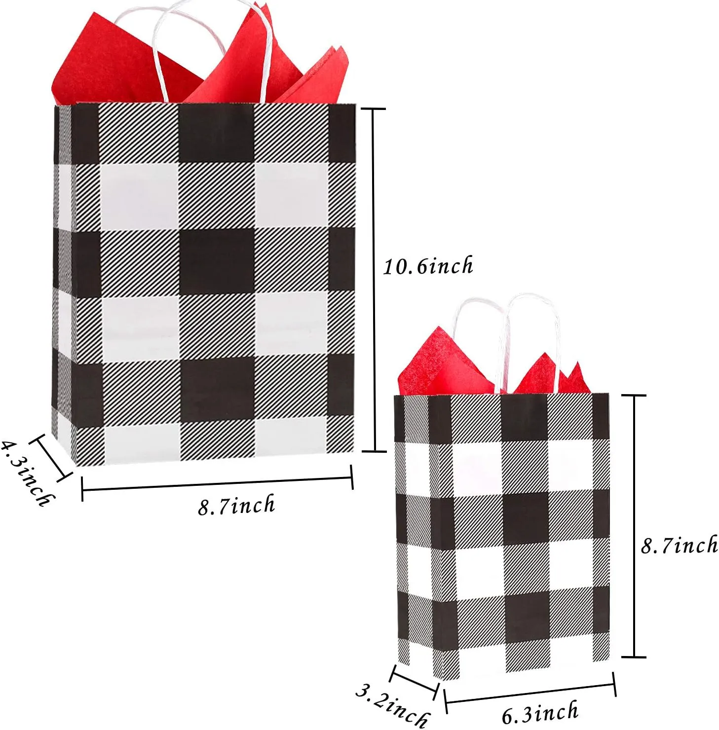 Whaline 24 Pack Christmas Buffalo Plaid Bags with 24 Sheets 20 x 20 Red Tissue Paper, White and Black Kraft Paper Bags Gift Wrapping Set for Holiday Party, Wedding and Gift Giving
