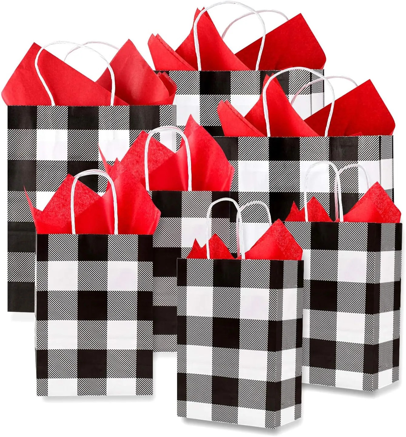 Whaline 24 Pack Christmas Buffalo Plaid Bags with 24 Sheets 20 x 20 Red Tissue Paper, White and Black Kraft Paper Bags Gift Wrapping Set for Holiday Party, Wedding and Gift Giving