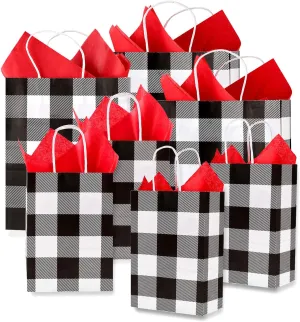 Whaline 24 Pack Christmas Buffalo Plaid Bags with 24 Sheets 20 x 20 Red Tissue Paper, White and Black Kraft Paper Bags Gift Wrapping Set for Holiday Party, Wedding and Gift Giving