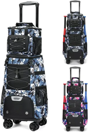 Wheeled Baseball Bag With Shoe Compartment - Lightweight Rolling Softball Bat Bag for Tball Gear & Equipment