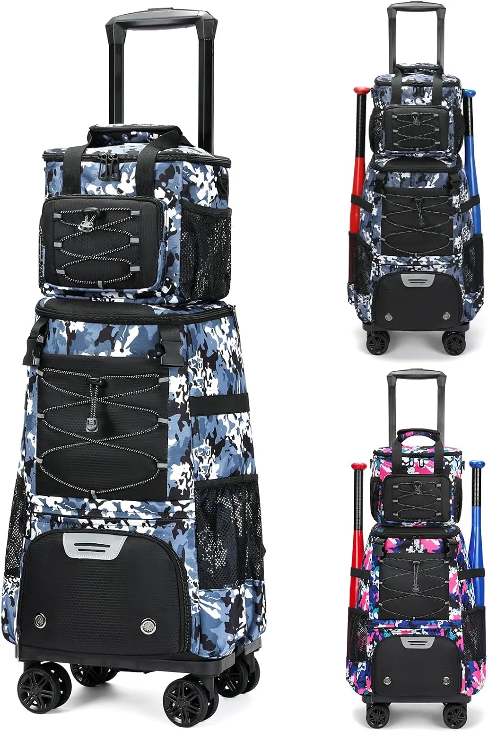 Wheeled Baseball Bag With Shoe Compartment - Lightweight Rolling Softball Bat Bag for Tball Gear & Equipment