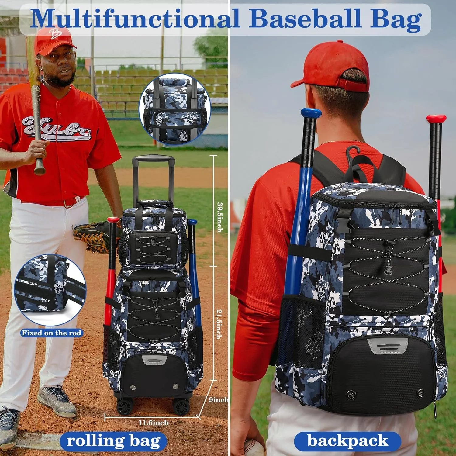 Wheeled Baseball Bag With Shoe Compartment - Lightweight Rolling Softball Bat Bag for Tball Gear & Equipment