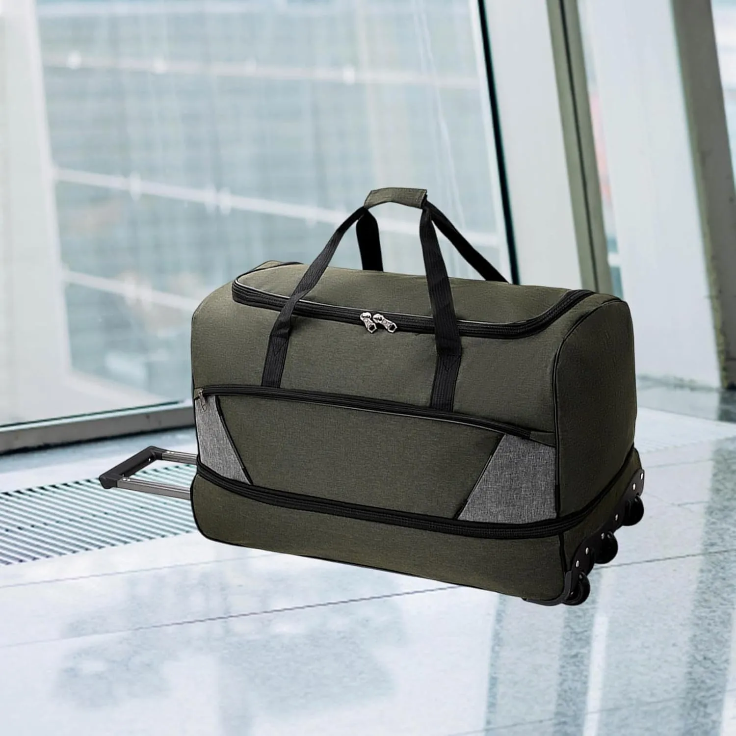 Wheeled Travel Duffel Bag with Compartments for Carrying Clothes, Green M