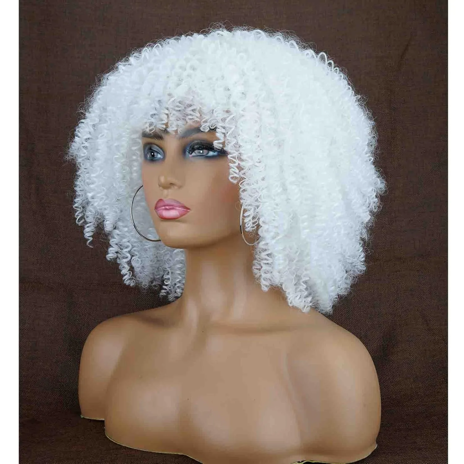 White Kinky Curly Wigs for Black Women Soft Short Afro Wig with Bangs Synthetic Heat Resistant Full Afro Curly Wigs for Daily Use(White)