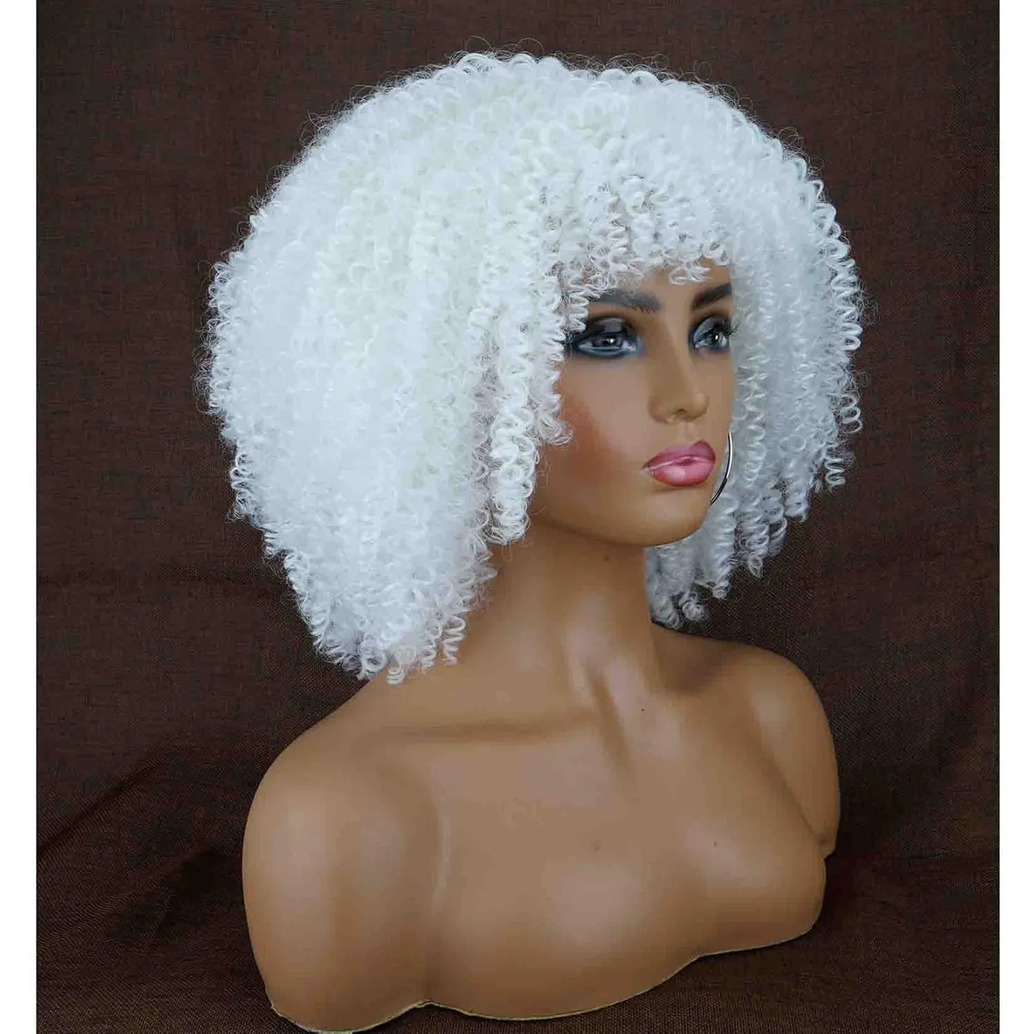 White Kinky Curly Wigs for Black Women Soft Short Afro Wig with Bangs Synthetic Heat Resistant Full Afro Curly Wigs for Daily Use(White)