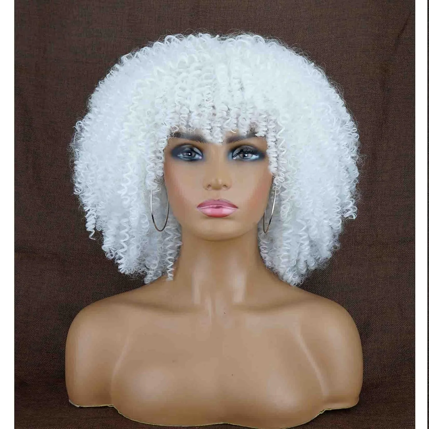 White Kinky Curly Wigs for Black Women Soft Short Afro Wig with Bangs Synthetic Heat Resistant Full Afro Curly Wigs for Daily Use(White)