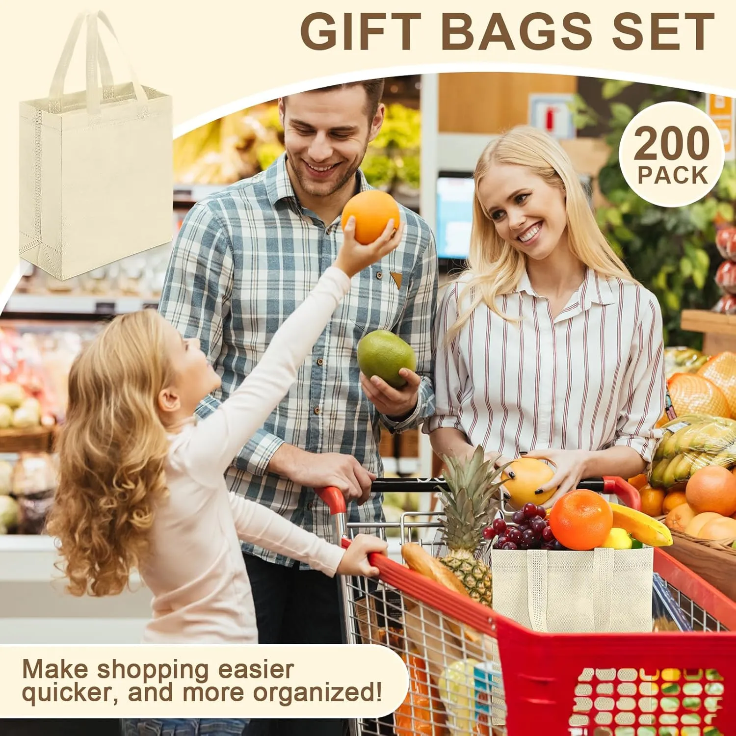 Windyun 200 Pcs Reusable Tote Bag Bulk Non Woven Shopping Bag with Handle Reusable Grocery gift Tote