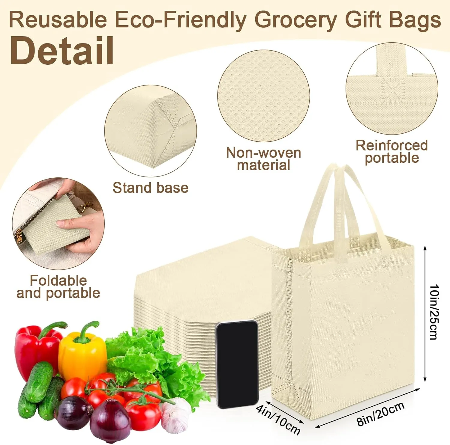 Windyun 200 Pcs Reusable Tote Bag Bulk Non Woven Shopping Bag with Handle Reusable Grocery gift Tote