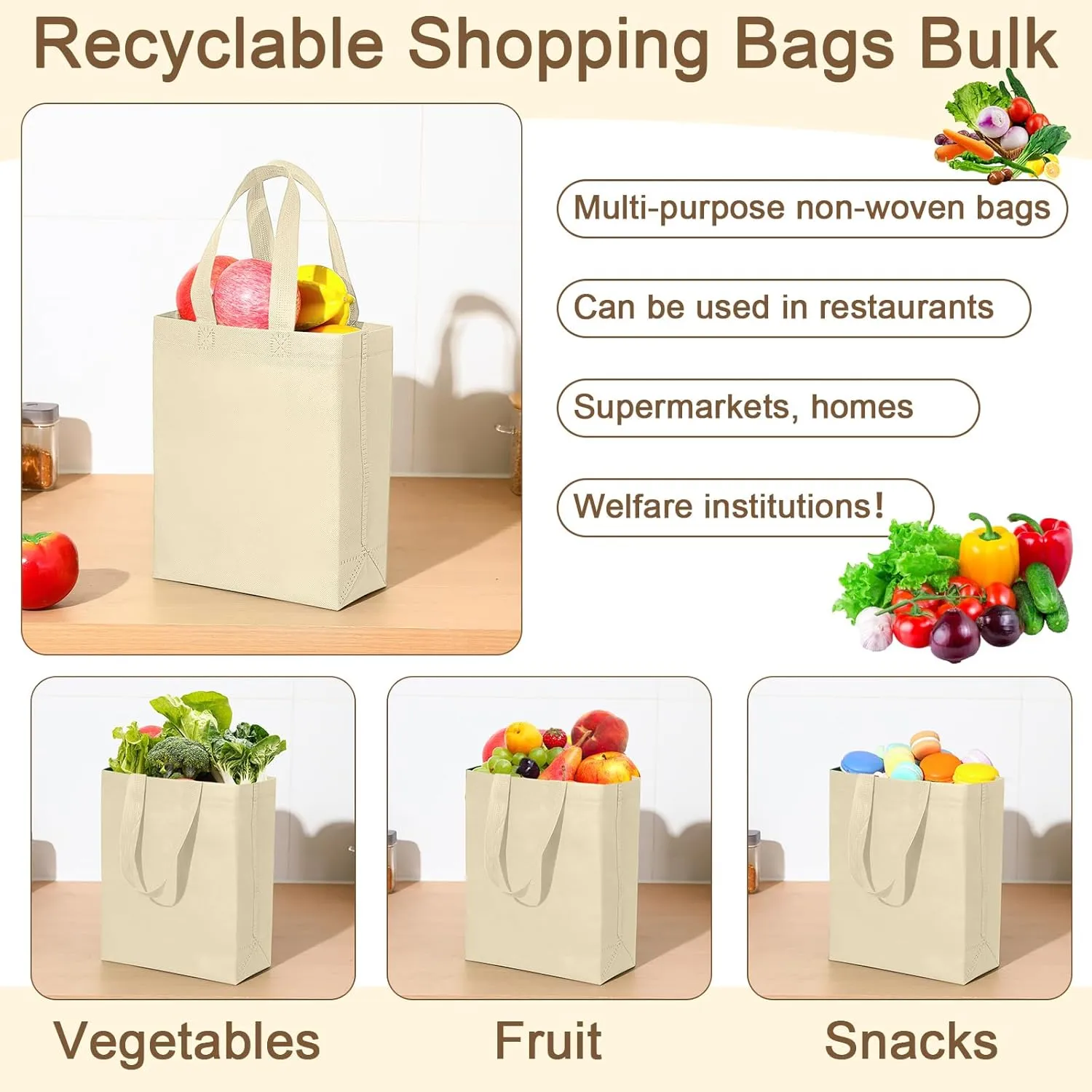 Windyun 200 Pcs Reusable Tote Bag Bulk Non Woven Shopping Bag with Handle Reusable Grocery gift Tote