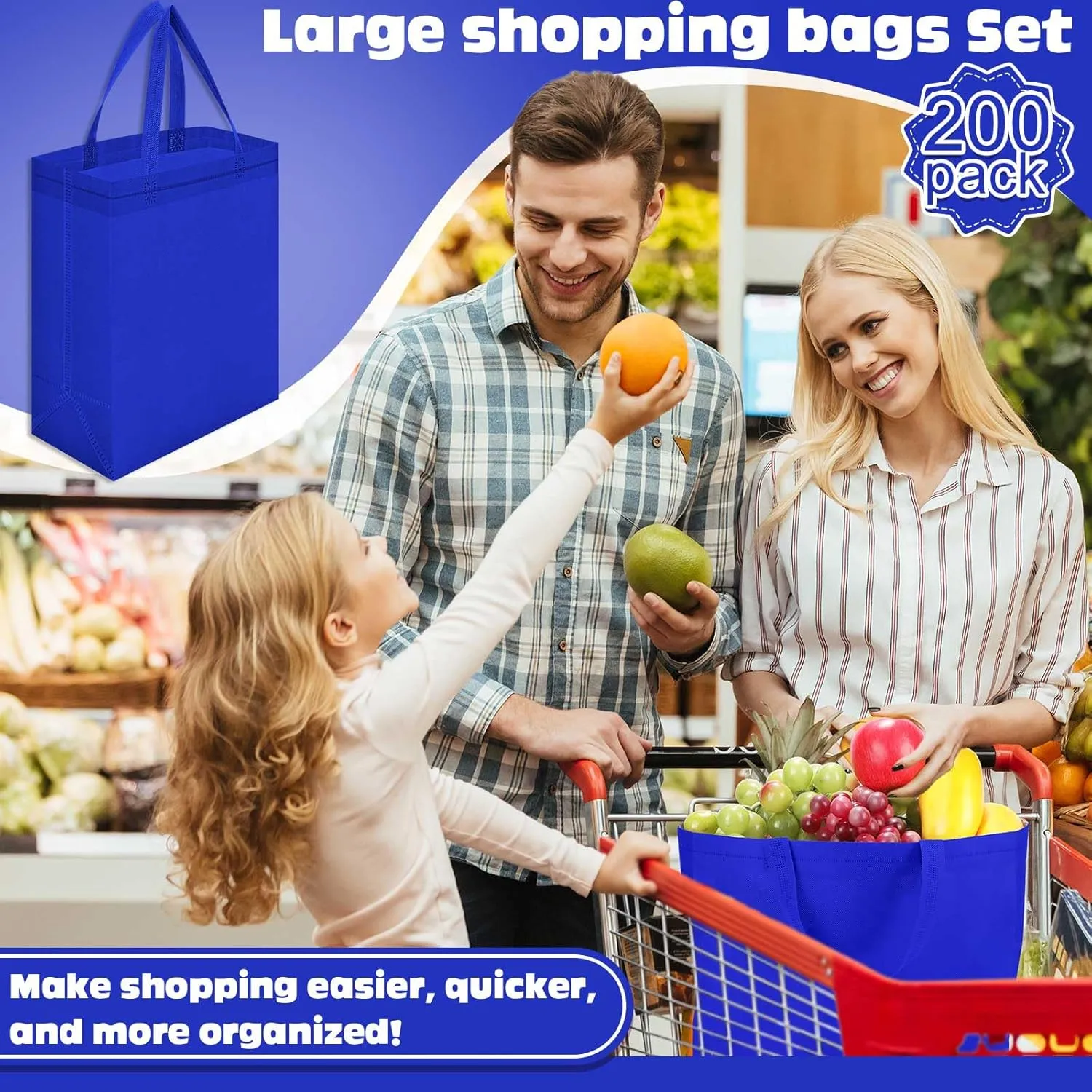 Windyun 200 Pcs Reusable Tote Bag Bulk Non Woven Shopping Bag with Handle Reusable Grocery gift Tote