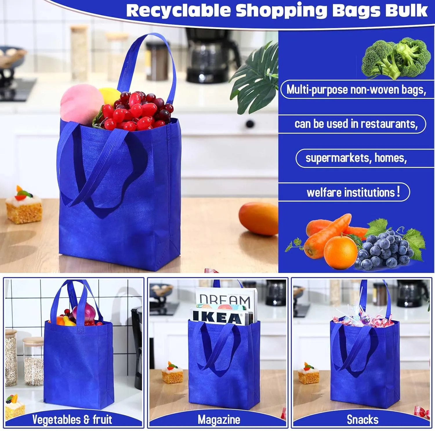 Windyun 200 Pcs Reusable Tote Bag Bulk Non Woven Shopping Bag with Handle Reusable Grocery gift Tote