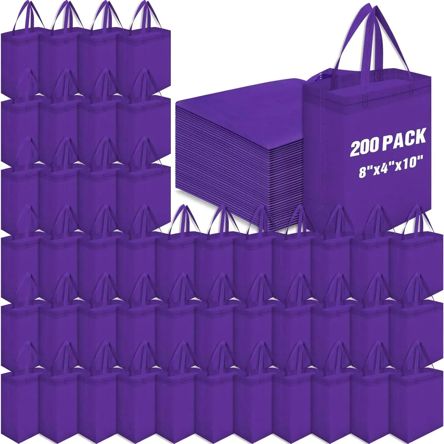 Windyun 200 Pcs Reusable Tote Bag Bulk Non Woven Shopping Bag with Handle Reusable Grocery gift Tote(Purple,8 x 10 x 4 Inch)