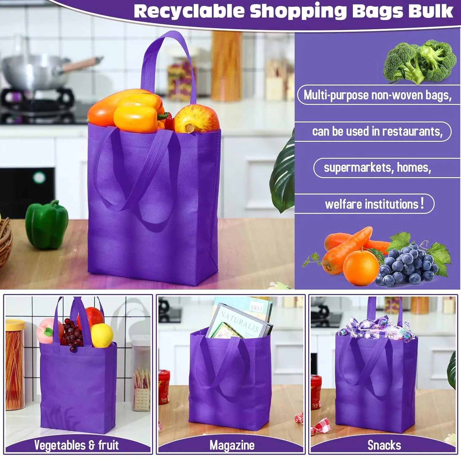 Windyun 200 Pcs Reusable Tote Bag Bulk Non Woven Shopping Bag with Handle Reusable Grocery gift Tote(Purple,8 x 10 x 4 Inch)