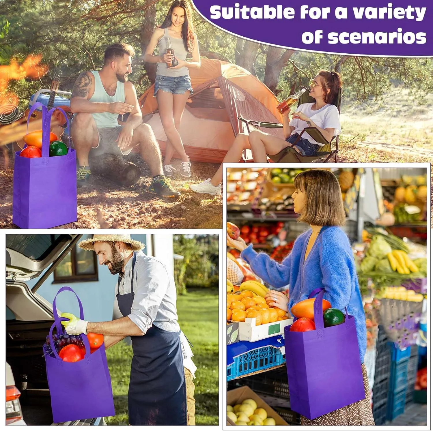 Windyun 200 Pcs Reusable Tote Bag Bulk Non Woven Shopping Bag with Handle Reusable Grocery gift Tote(Purple,8 x 10 x 4 Inch)