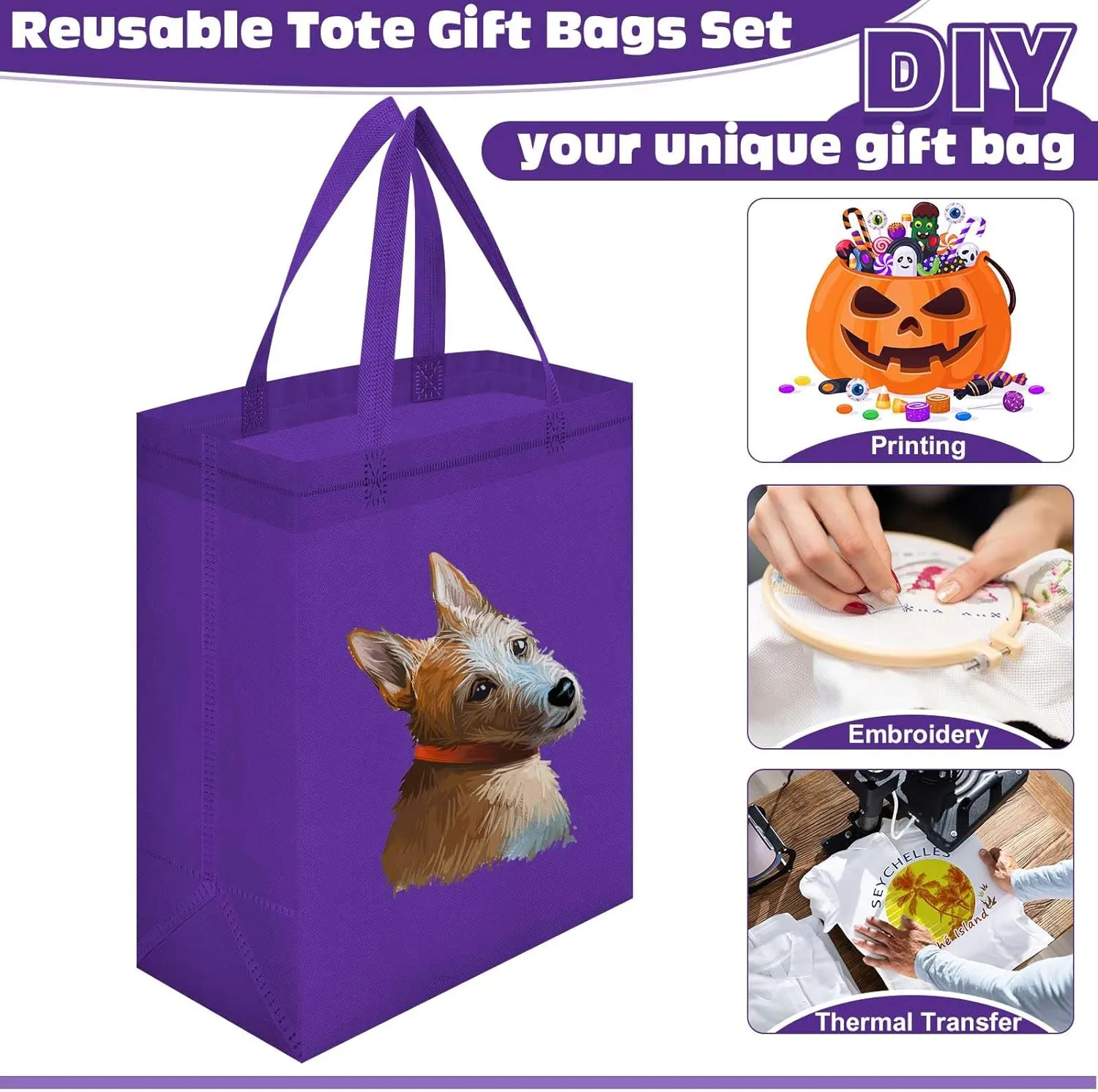 Windyun 200 Pcs Reusable Tote Bag Bulk Non Woven Shopping Bag with Handle Reusable Grocery gift Tote(Purple,8 x 10 x 4 Inch)