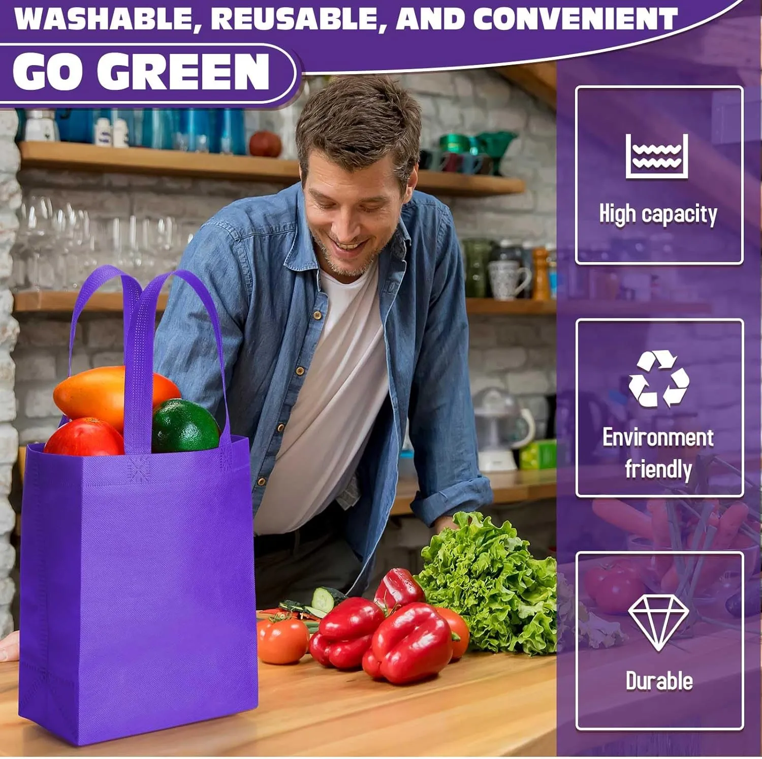 Windyun 200 Pcs Reusable Tote Bag Bulk Non Woven Shopping Bag with Handle Reusable Grocery gift Tote(Purple,8 x 10 x 4 Inch)