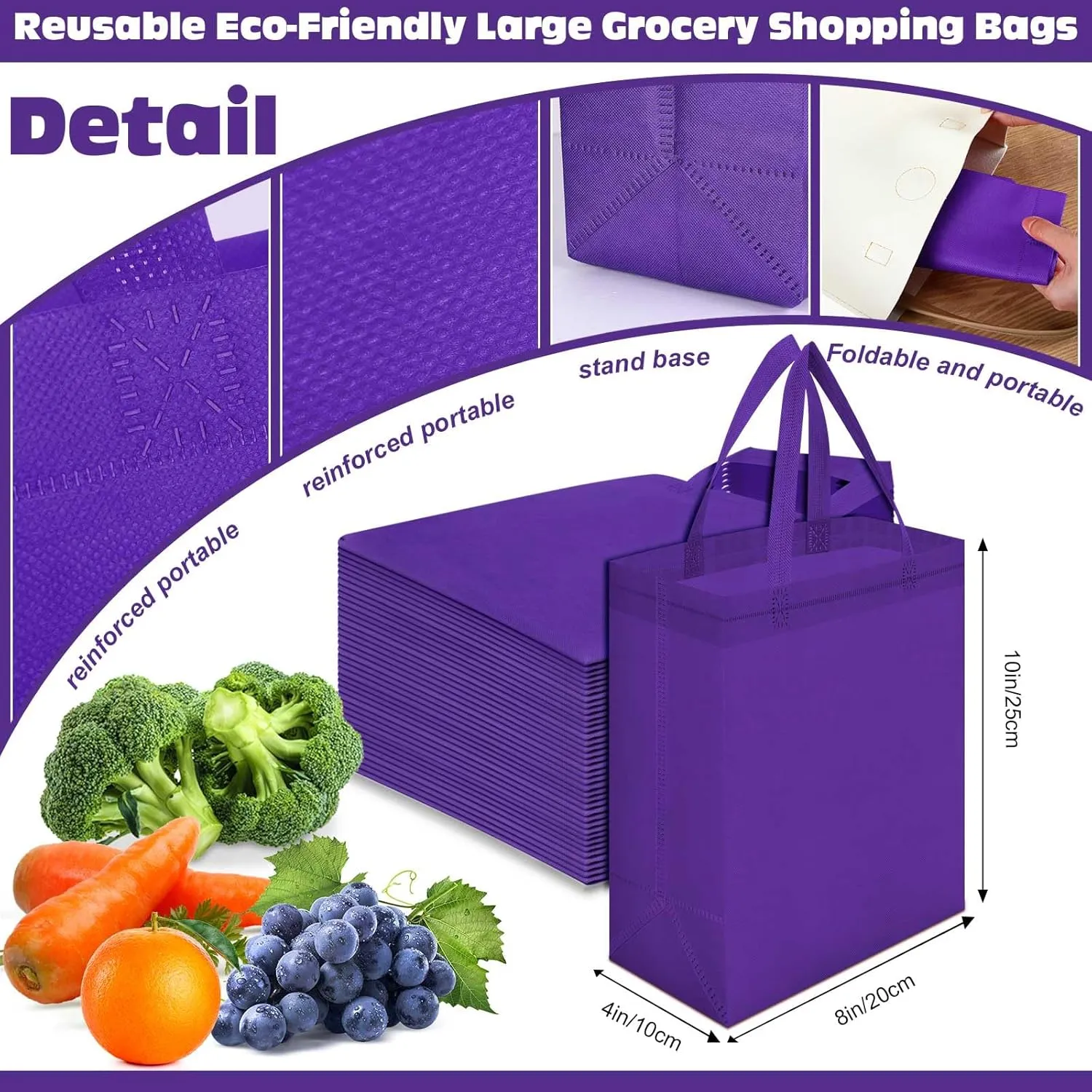 Windyun 200 Pcs Reusable Tote Bag Bulk Non Woven Shopping Bag with Handle Reusable Grocery gift Tote(Purple,8 x 10 x 4 Inch)