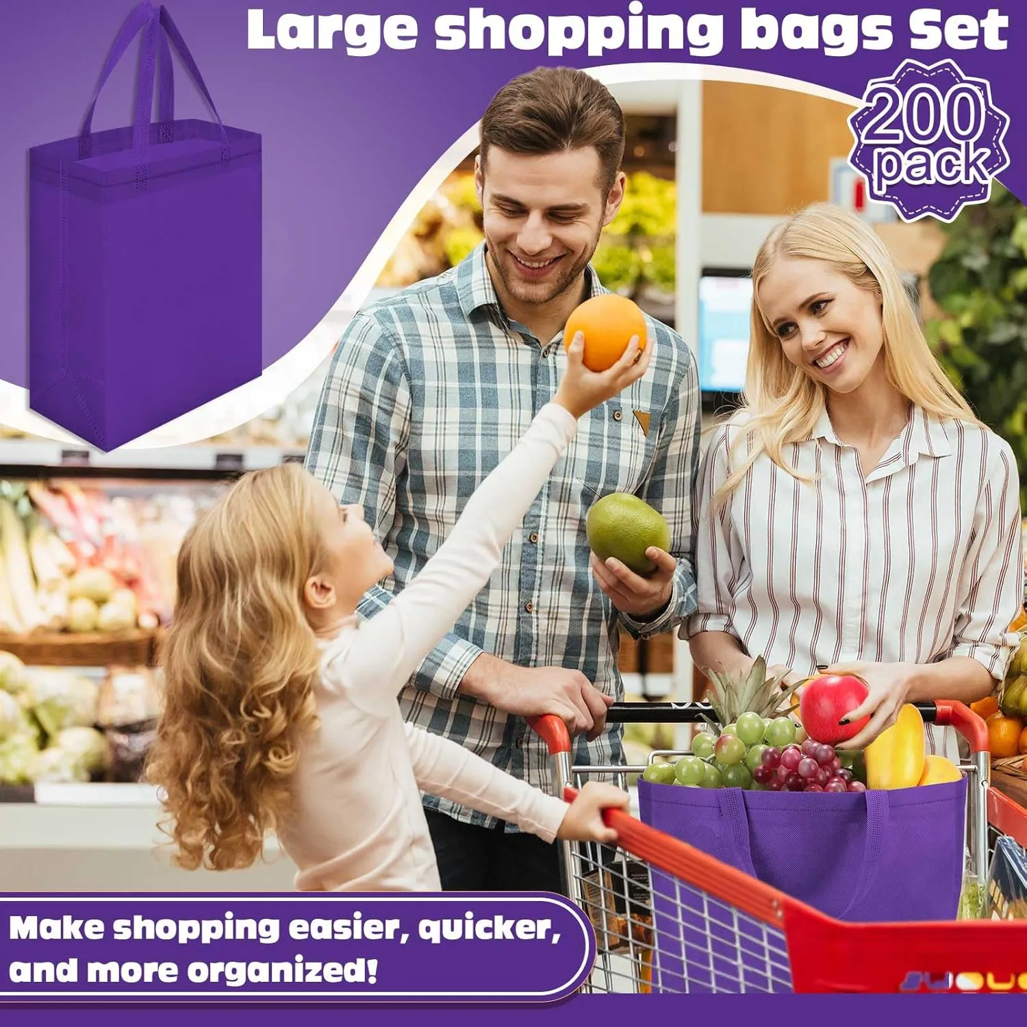 Windyun 200 Pcs Reusable Tote Bag Bulk Non Woven Shopping Bag with Handle Reusable Grocery gift Tote(Purple,8 x 10 x 4 Inch)