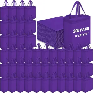 Windyun 200 Pcs Reusable Tote Bag Bulk Non Woven Shopping Bag with Handle Reusable Grocery gift Tote(Purple,8 x 10 x 4 Inch)