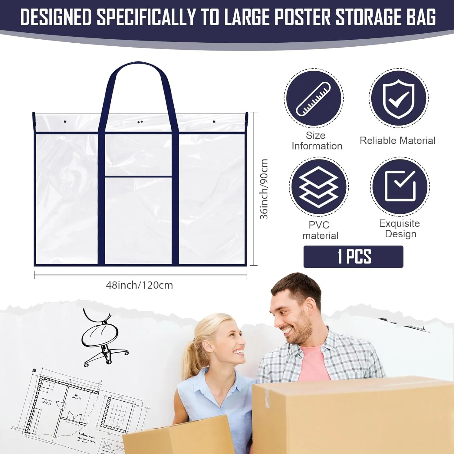 Windyun Large Poster Storage Bag 48" x 36" Bulletin Board Holder Art Portfolio Case PVC Art Portfolio Container Bulletin Board Storage Box with Pocket for Classroom Teacher Organization (Blue,1 Pack)